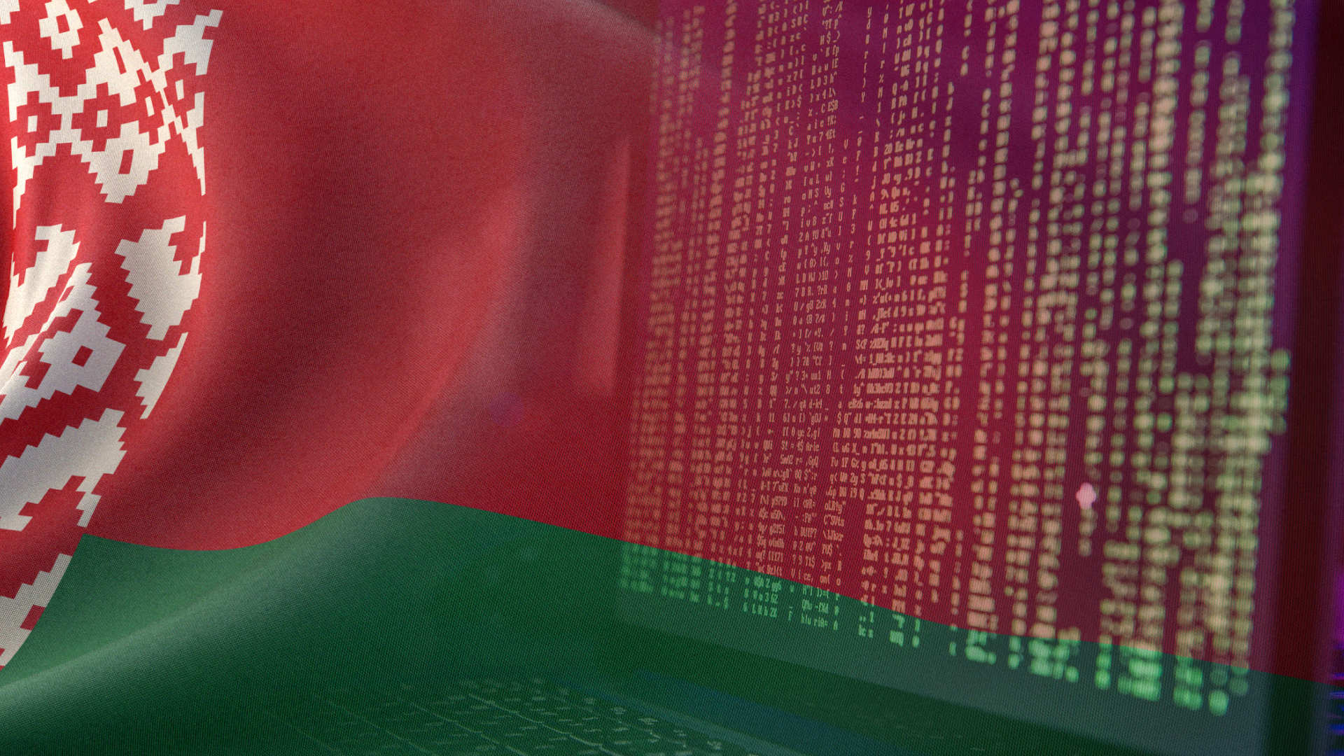 A computer monitor with the flag of Belarus in the background